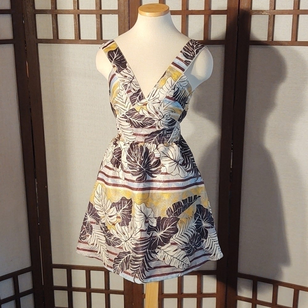 H&M Sparkly Monstera / Plant Pattern Uneven Stripes Mini Dress Sz 4 NWT